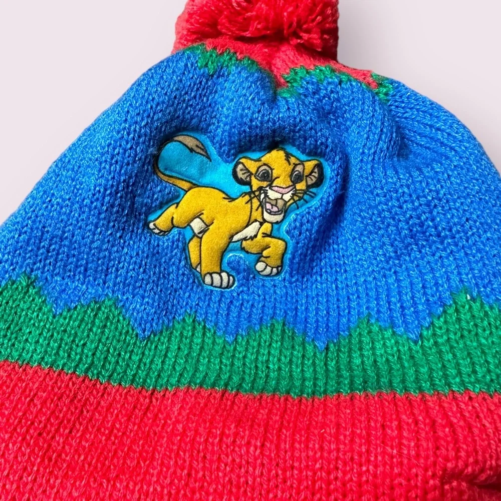 Vintage Toddler Disney Lion King Simba Red Blue Green Pom Pom Winter Knit Hat